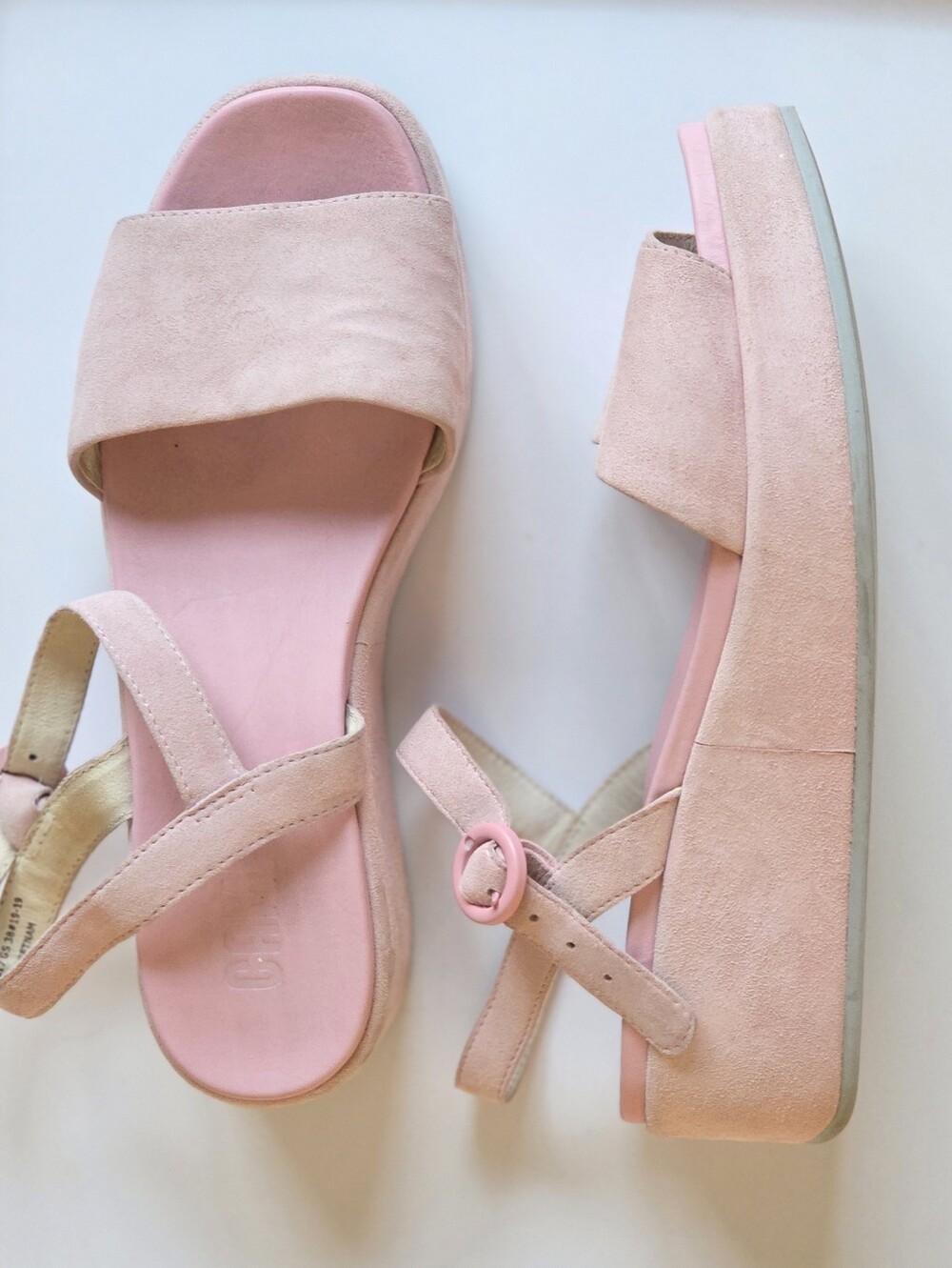 Camper Pink Suede Platform Sandals Ankle Strap Sz 38 (US 7.5-8) Feminine Soft